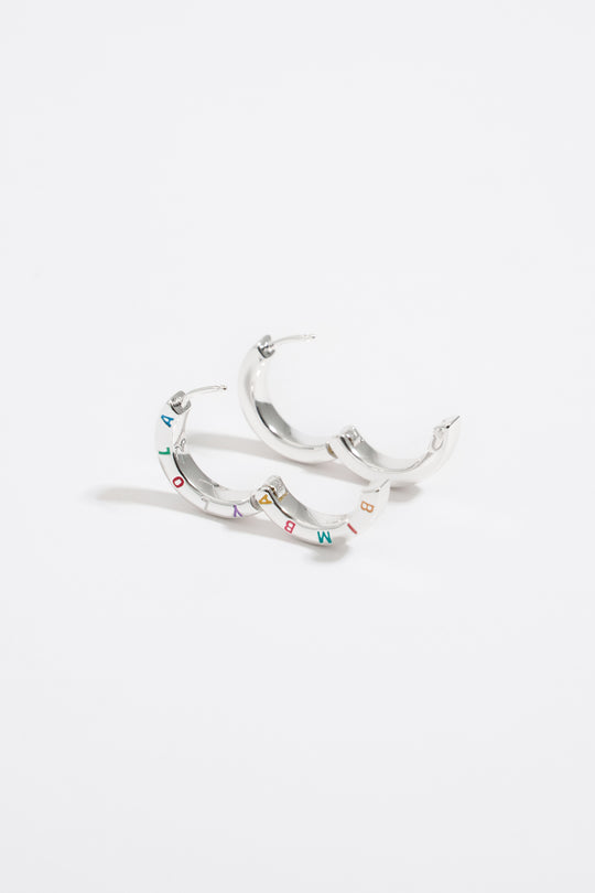 Multi-pastel logo silver hoop earrings