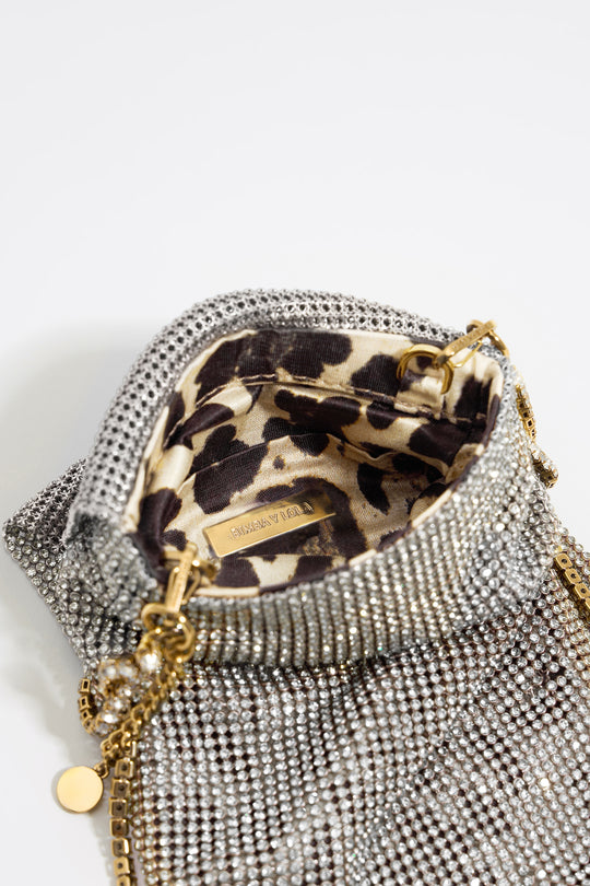 Mini silver metallic mesh crystals bag