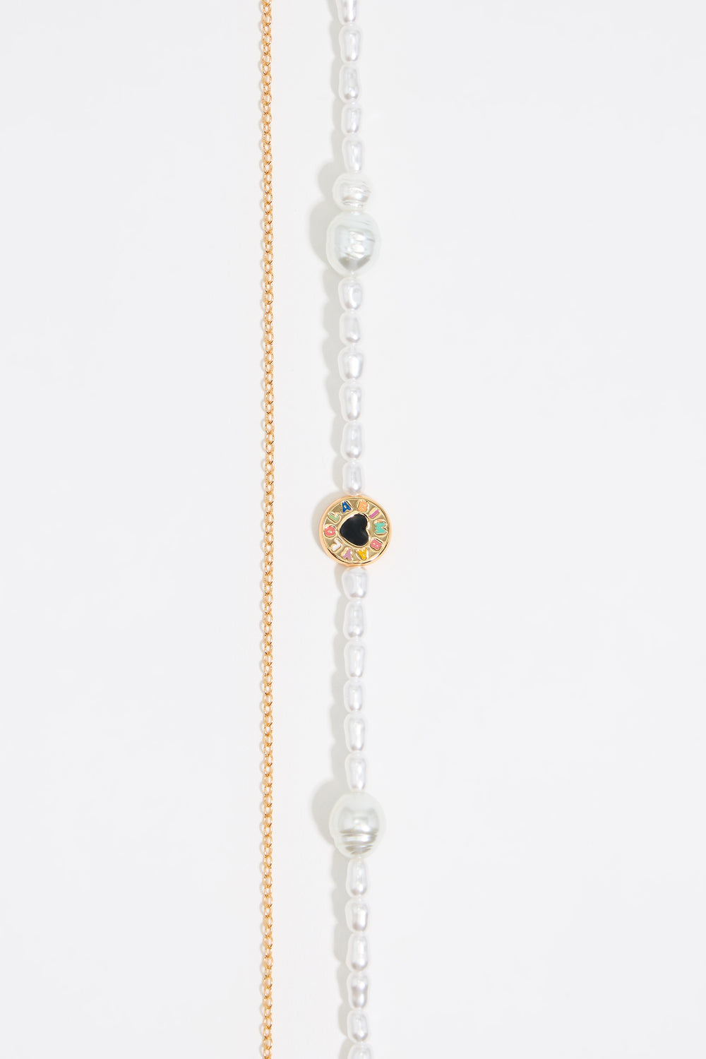 Pearl and heart logo double chain necklace