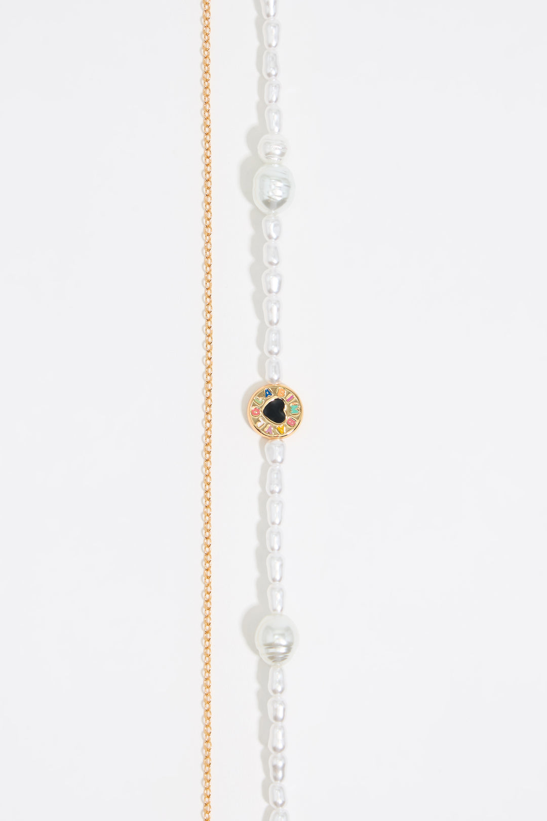Pearl and heart logo double chain necklace