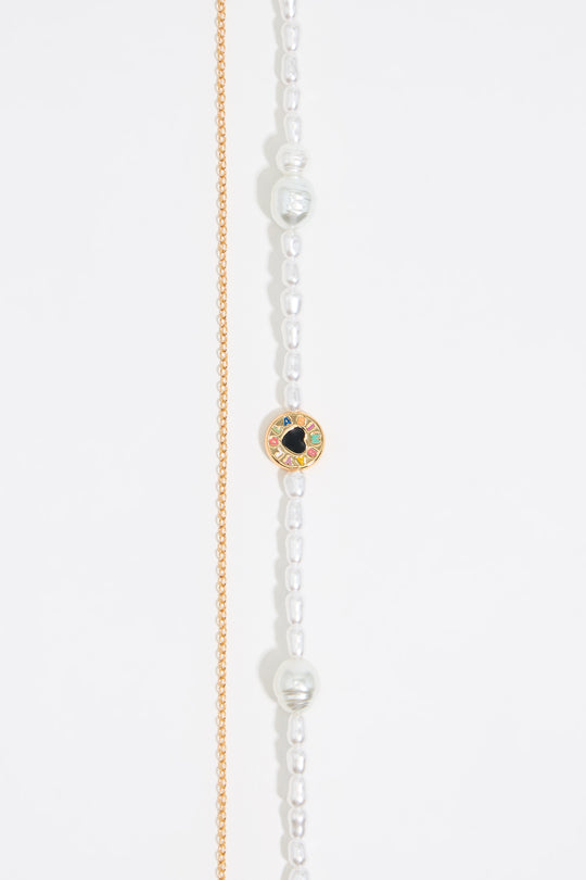 Pearl and heart logo double chain necklace
