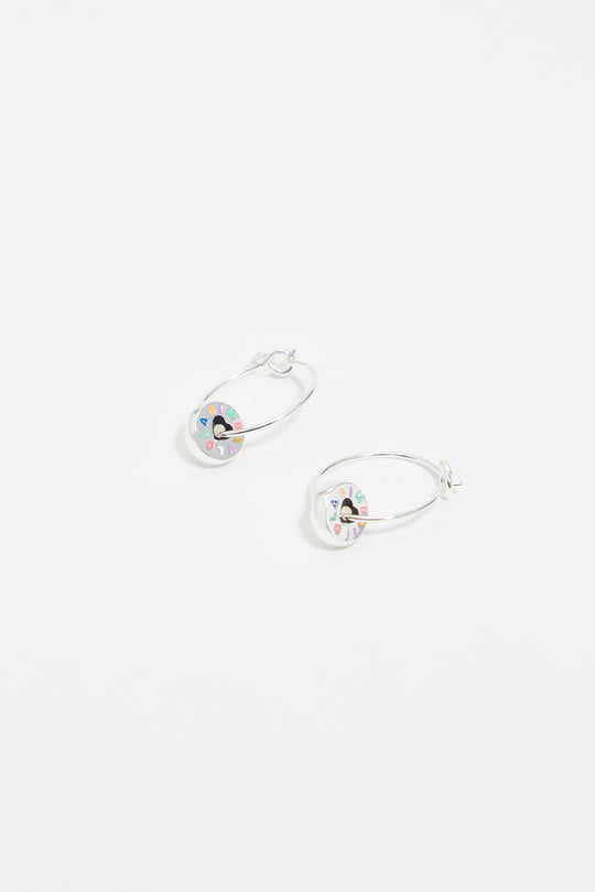 Silver heart hoop logo earrings