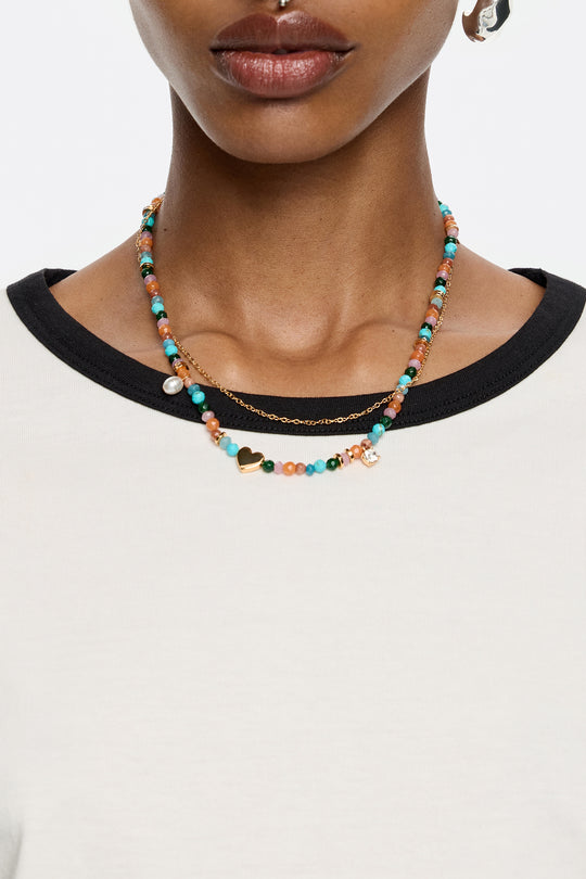 Multicolor stones and gold heart necklace