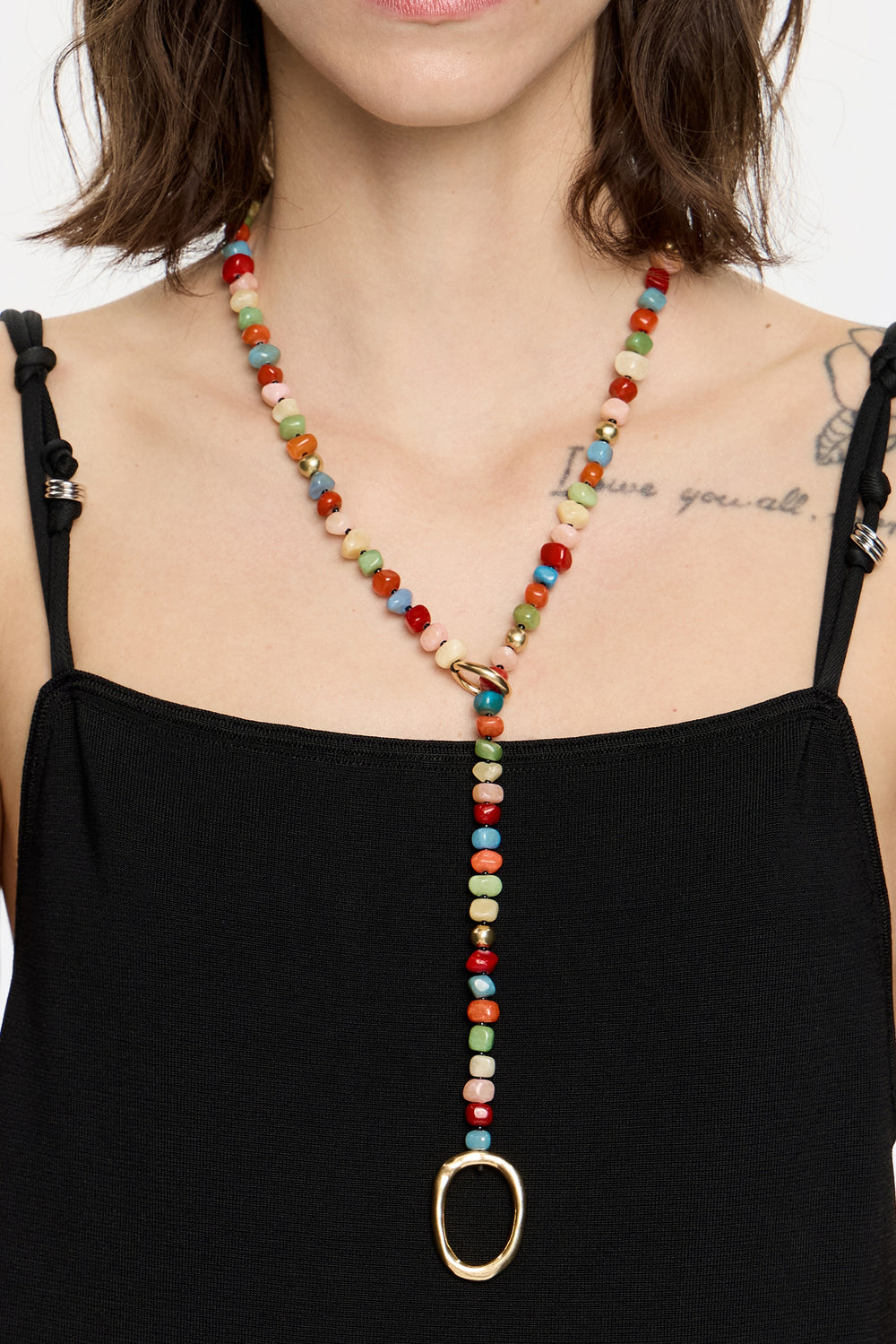 Multicolor stones and gold ring necklace