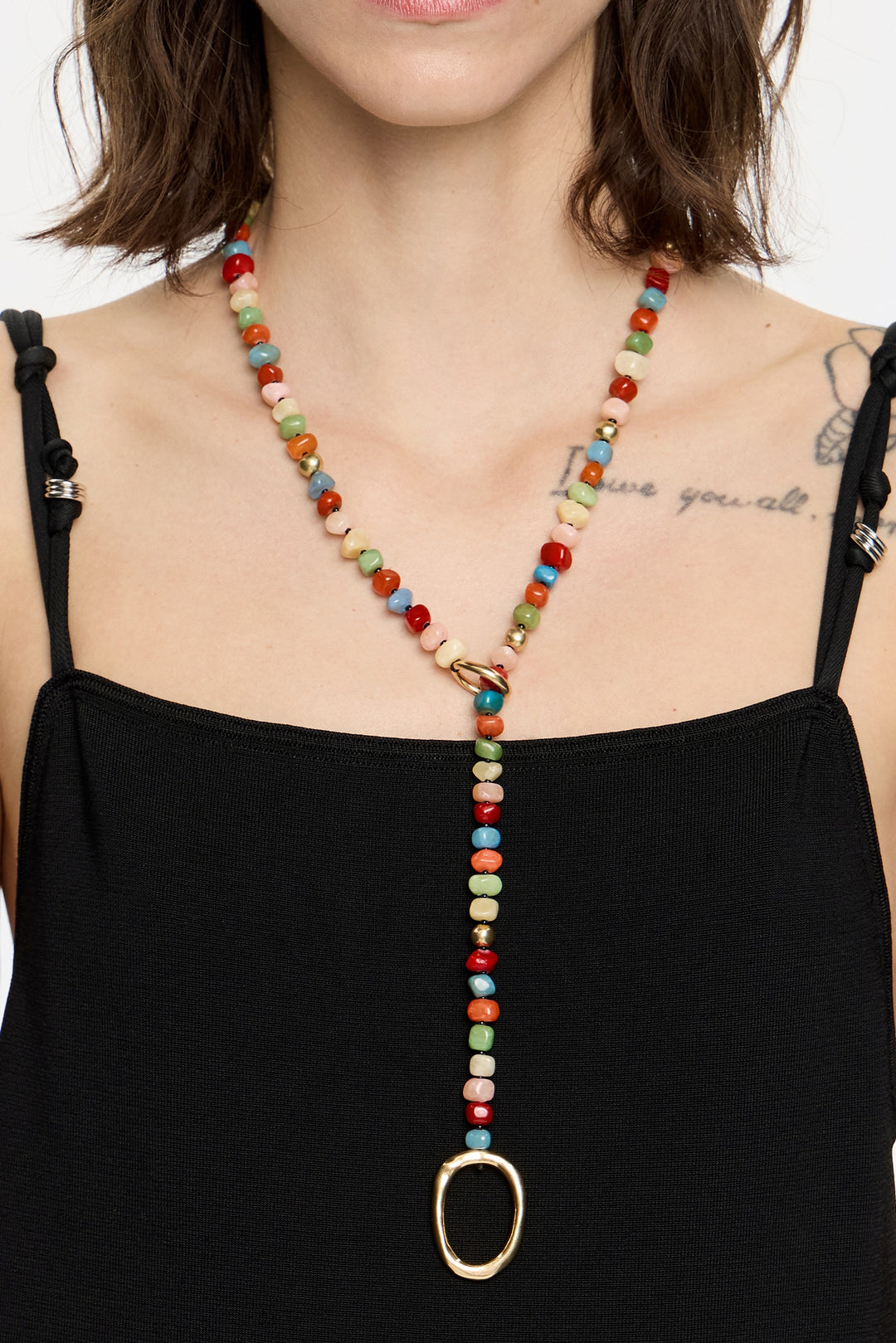 Multicolor stones and gold ring necklace