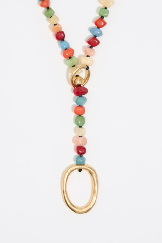Multicolor stones and gold ring necklace