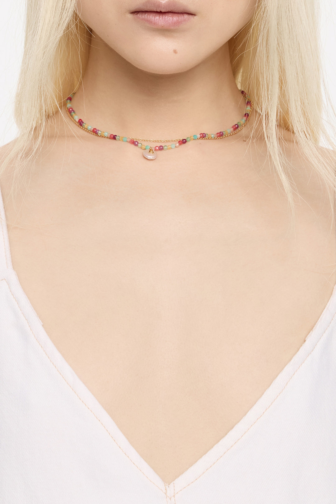 Letter C pearl and multicolor stones necklace