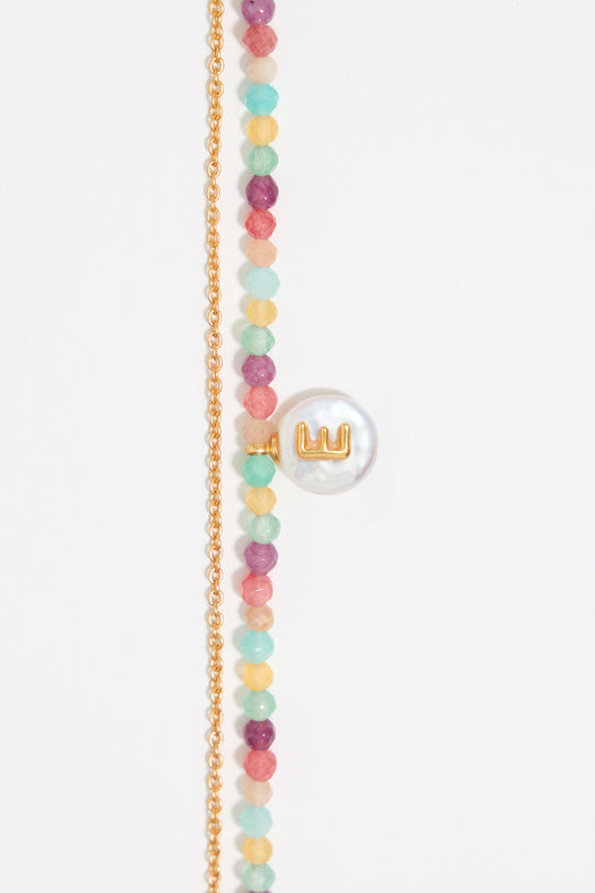 Letter E pearl and multicolor stones necklace