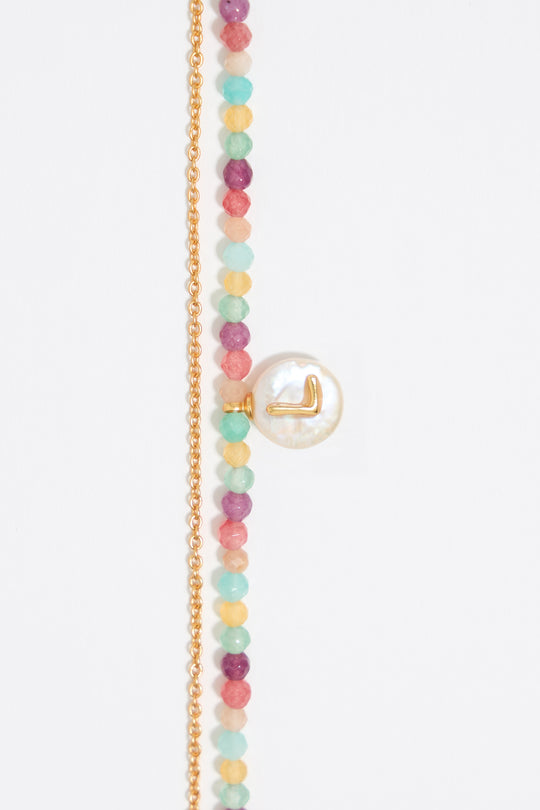 Letter L pearl and multicolor stones necklace