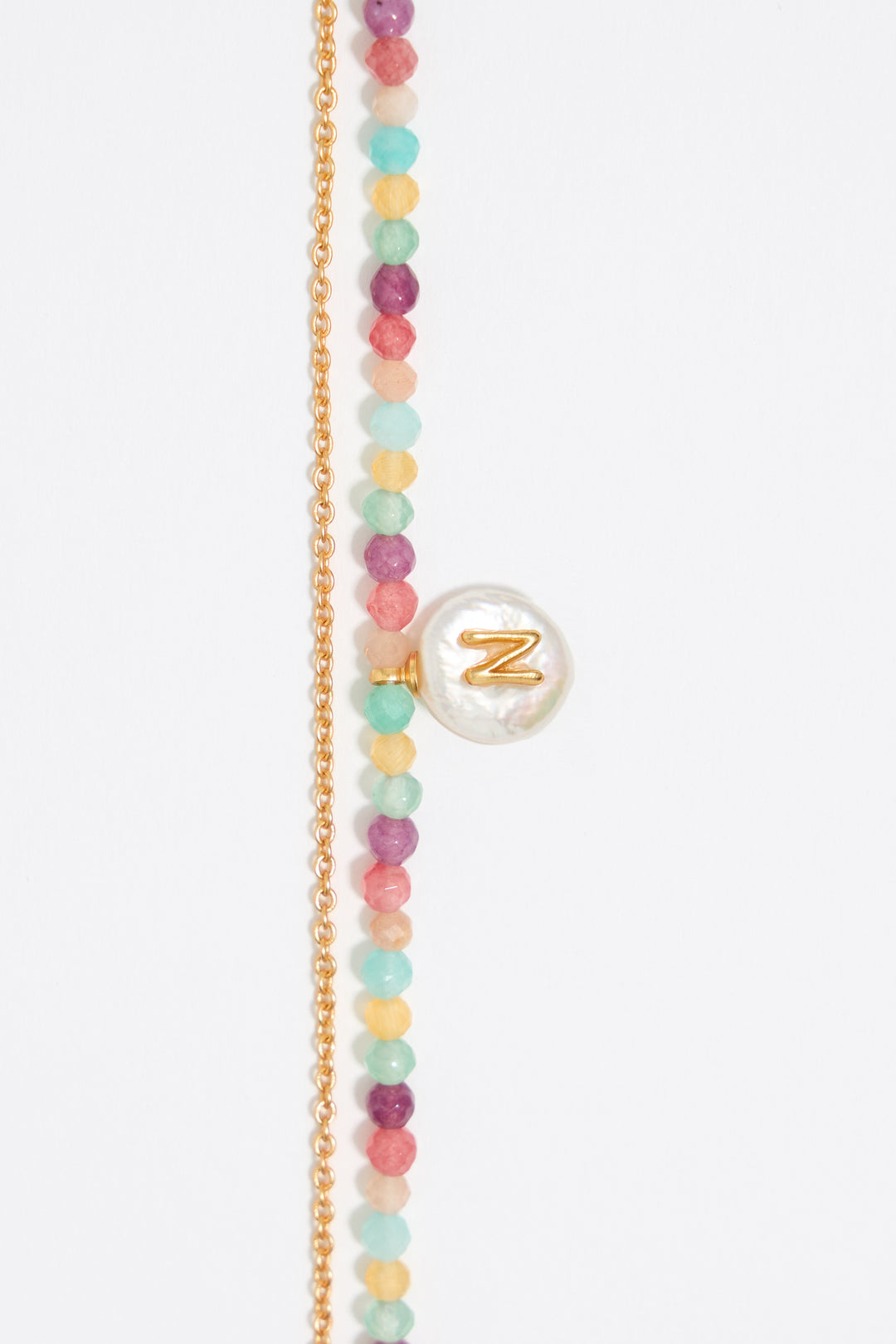 Letter N pearl and multicolor stones necklace