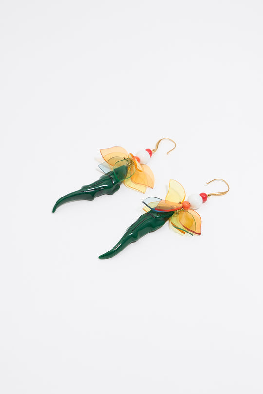 Green crocodile and leaves earrings