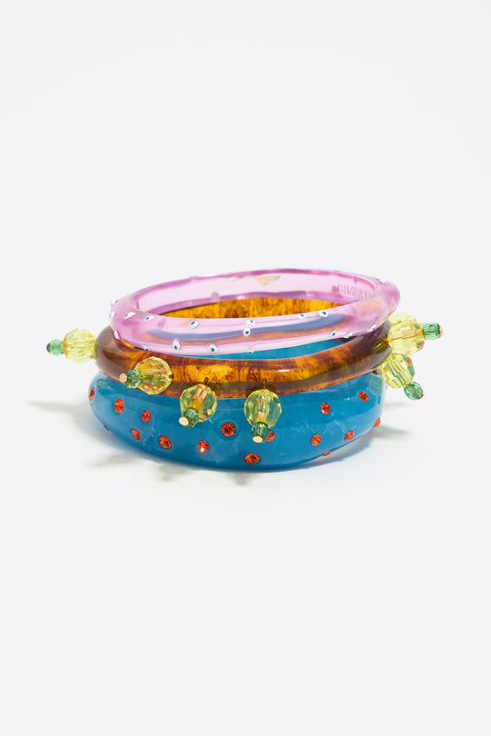 Set of three resin and multicolor crystal cactus bracelets