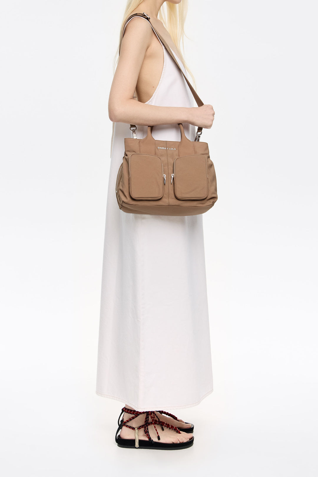Large bark brown nylon Pocket handbag