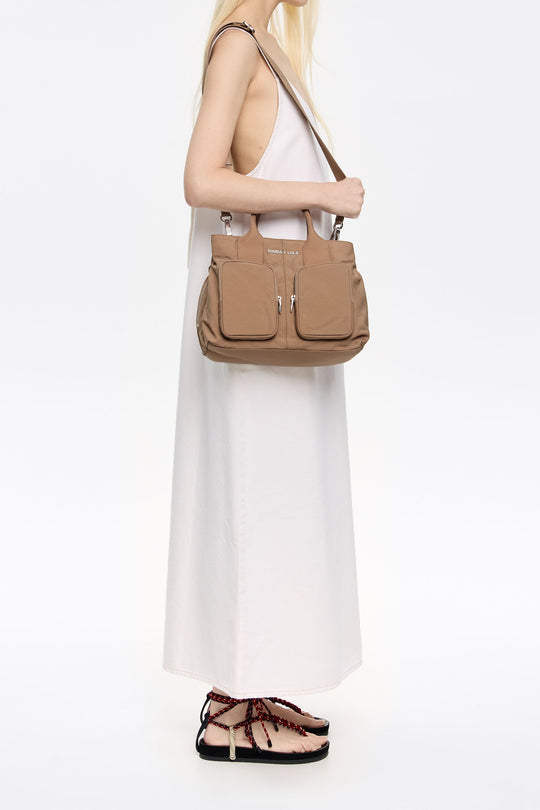 Large bark brown nylon Pocket handbag