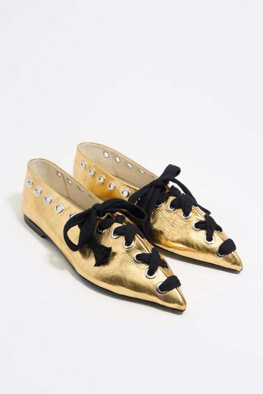 Gold leather lace-up ballerina