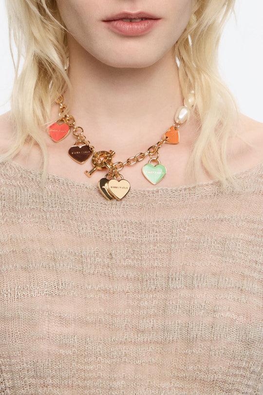 Gold-tone chain and pearl hearts logo necklace
