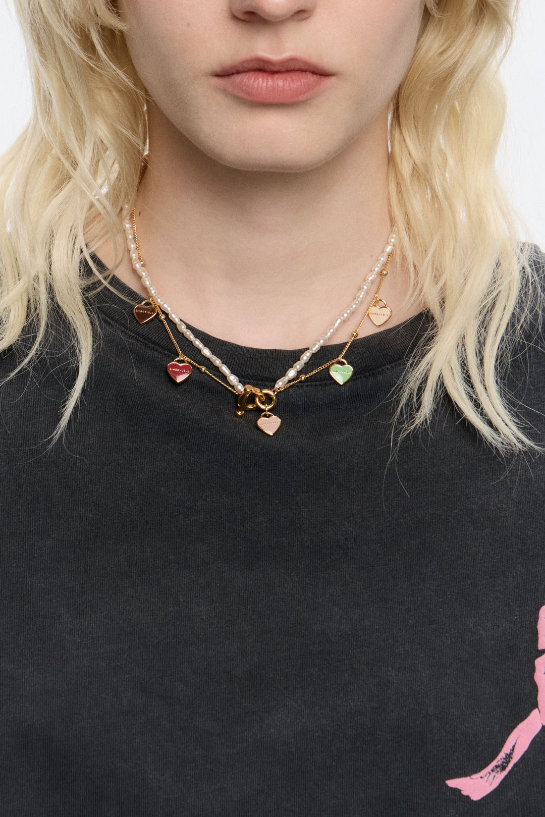 Gold-tone chain and pearl heart logo double-layer necklace