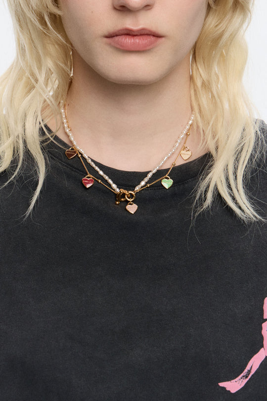 Gold-tone chain and pearl heart logo double-layer necklace