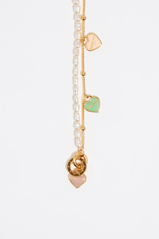 Gold-tone chain and pearl heart logo double-layer necklace