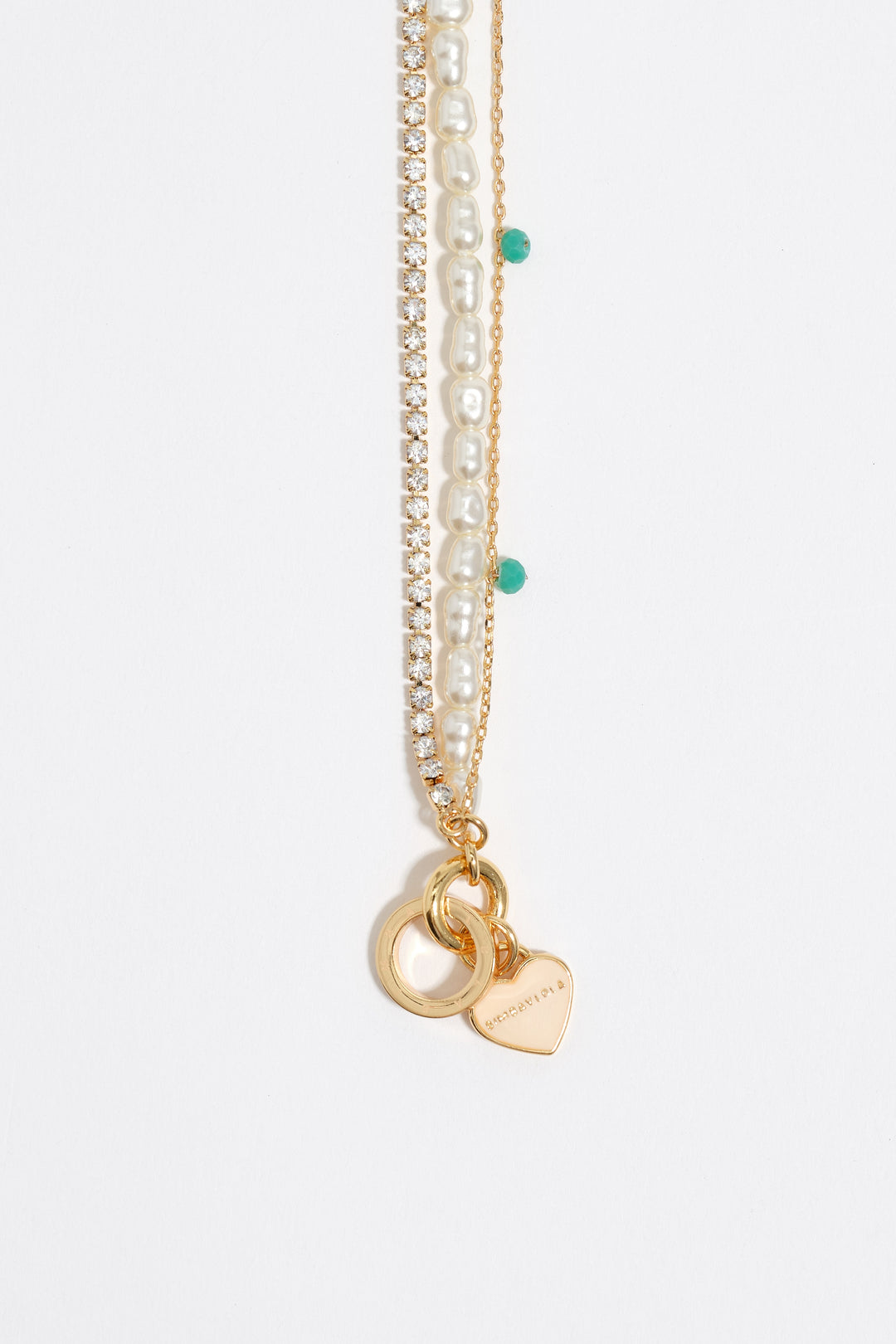 Gold-tone chain and pearl heart logo double-layer necklace