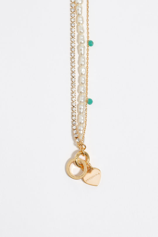 Gold-tone chain and pearl heart logo double-layer necklace