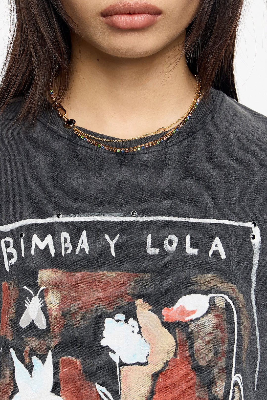 Gold double-layer crystals and logo chain necklace