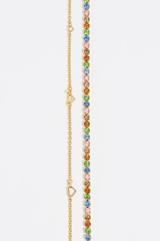Gold double-layer crystals and logo chain necklace