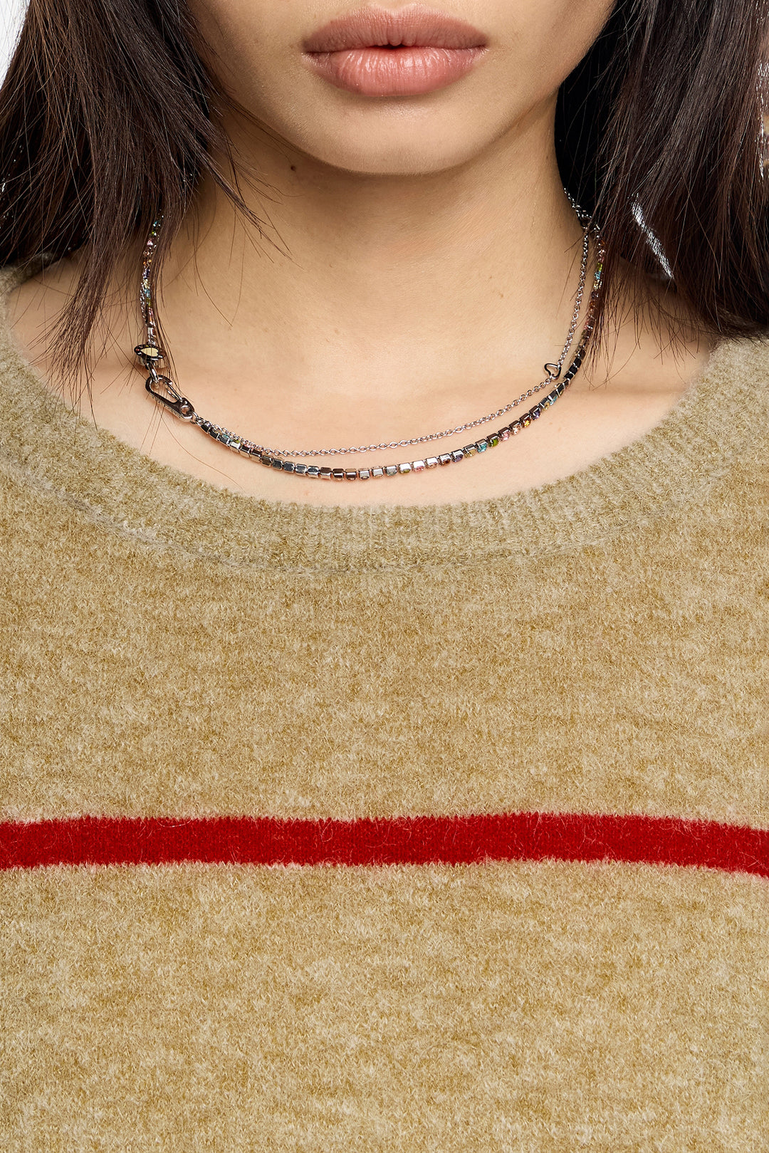Silver double-layer crystals and logo chain necklace
