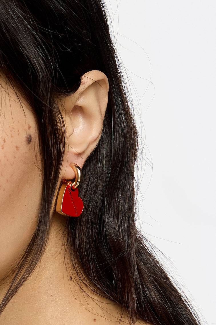 Red and gold heart hoop earrings