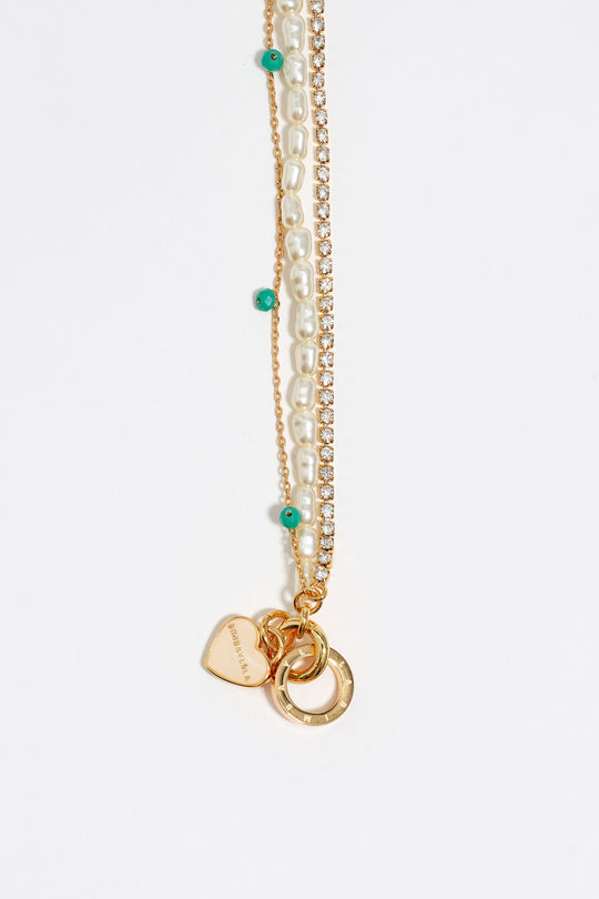 Gold-tone chain and pearl heart logo double-layer bracelet
