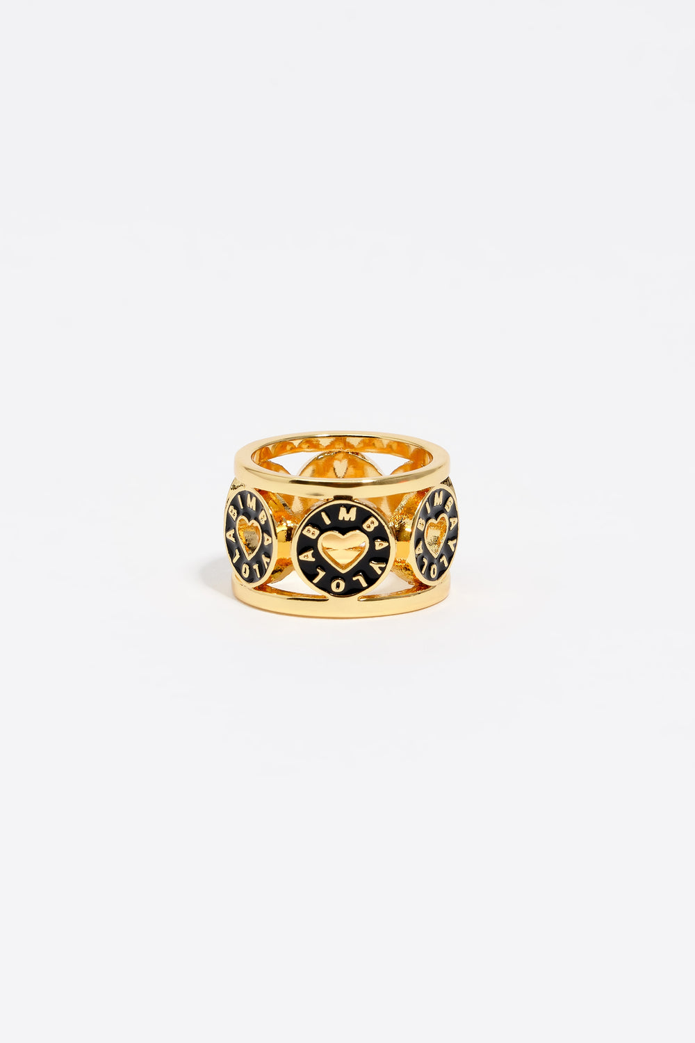 Gold-tone metal ring with black heart logo