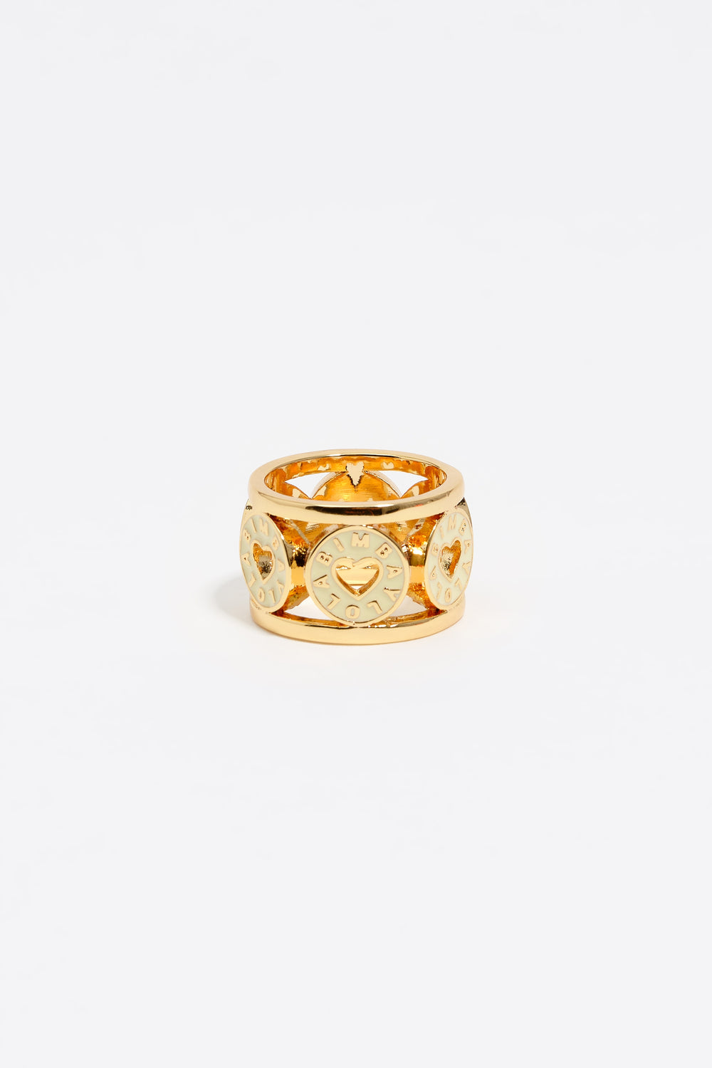 Gold-tone metal ring with ivory heart logo