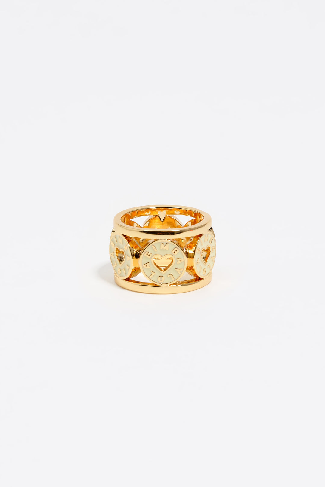 Gold-tone metal ring with ivory heart logo
