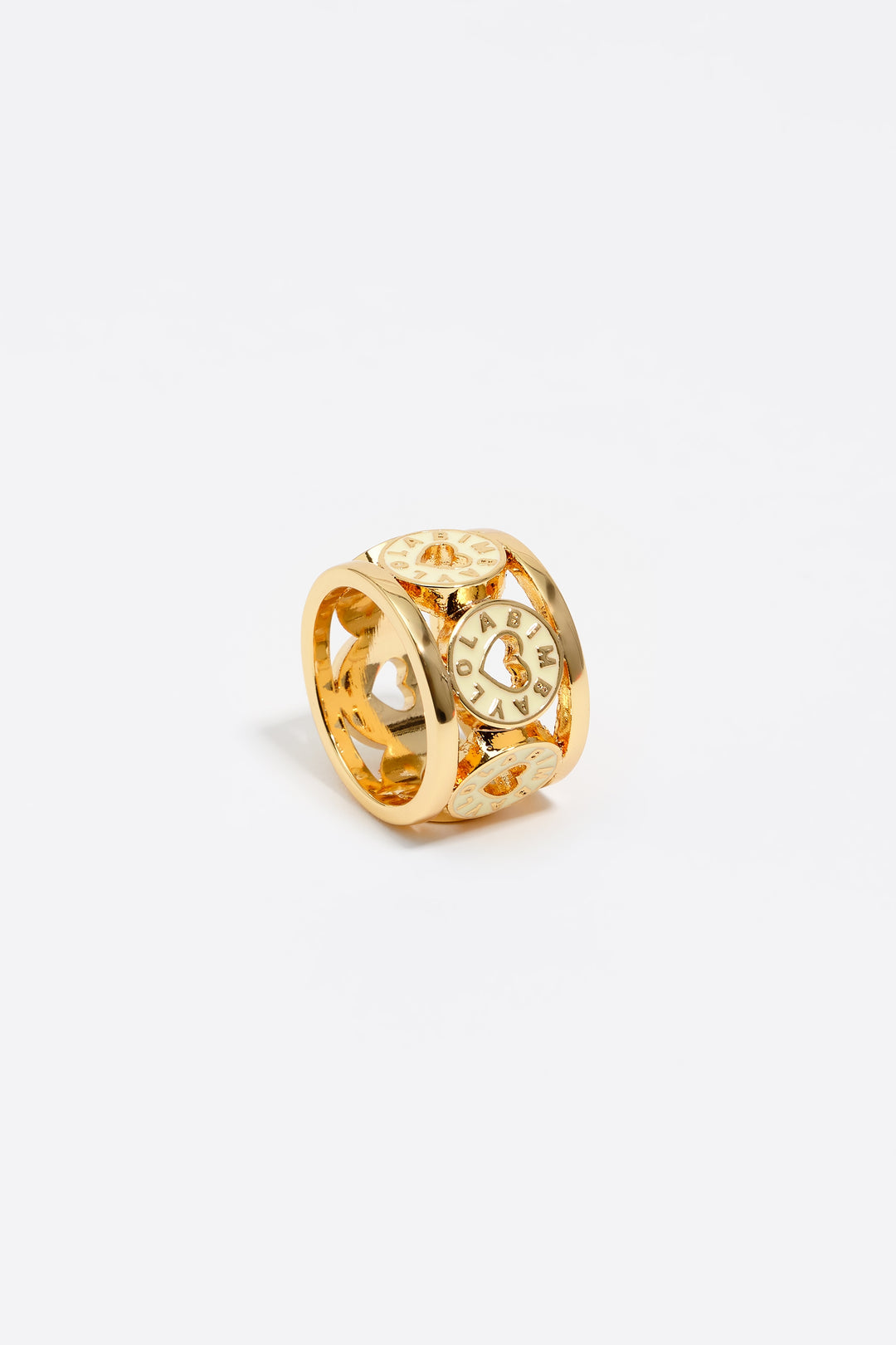 Gold-tone metal ring with ivory heart logo