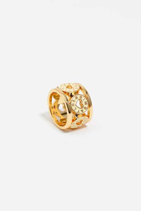 Gold-tone metal ring with ivory heart logo