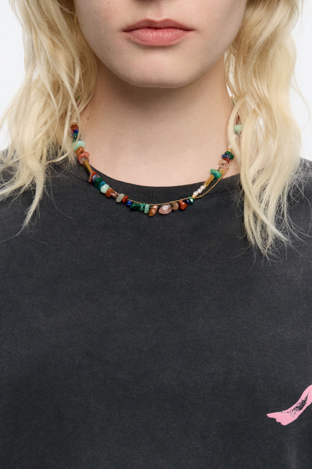Matte gold-tone double-layer chain and multicolor stones necklace