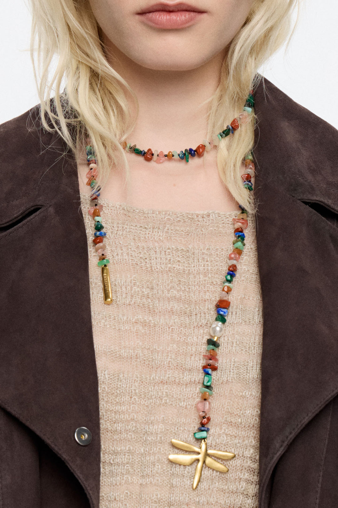 Matte gold dragonfly and multicolor stones necklace