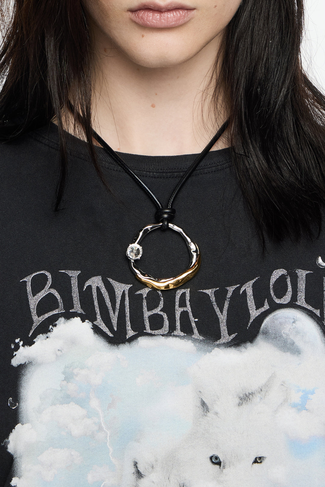 Textured hoop and black cord necklace