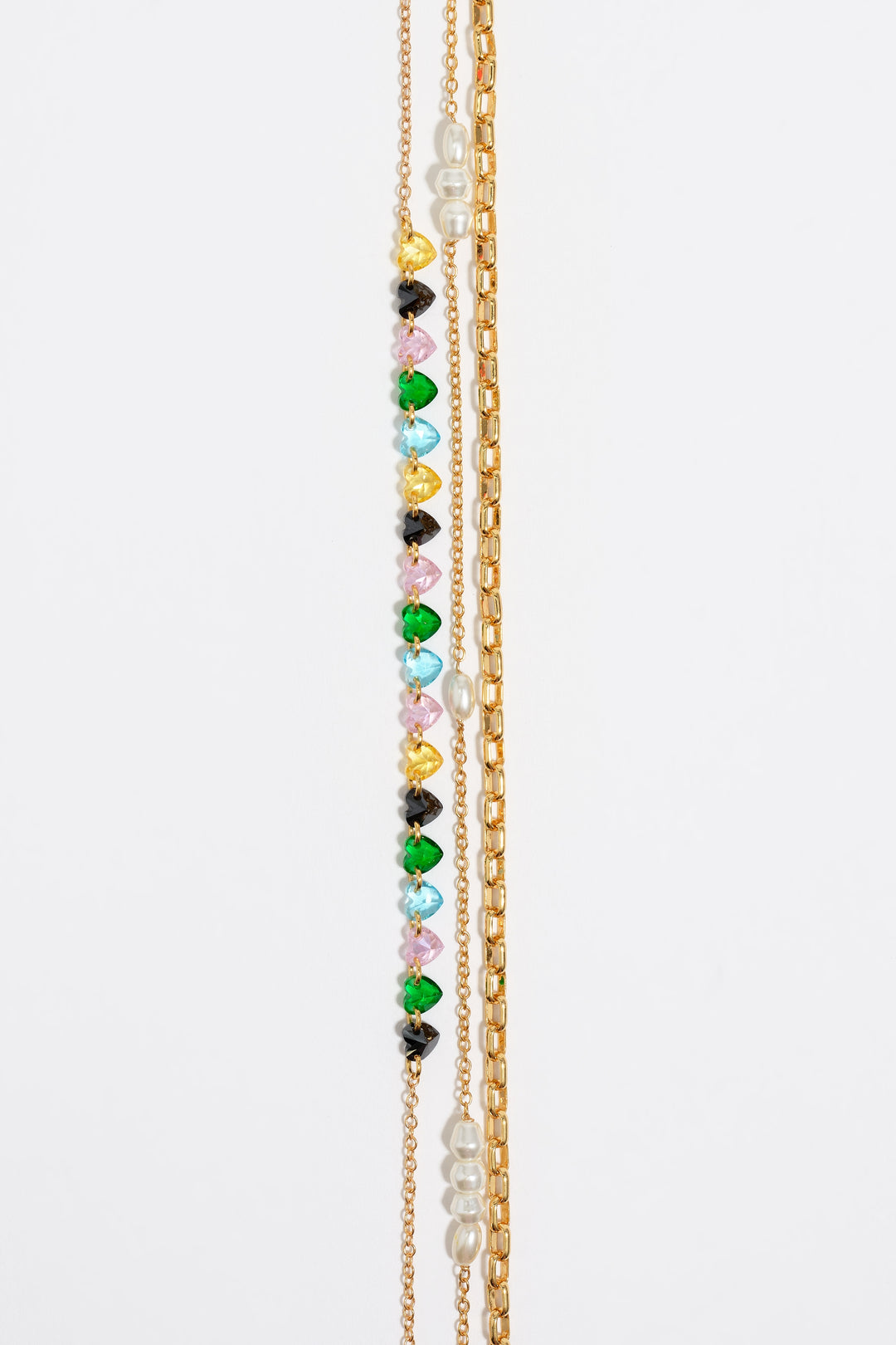 Gold-tone triple-layer chain heart crystals necklace