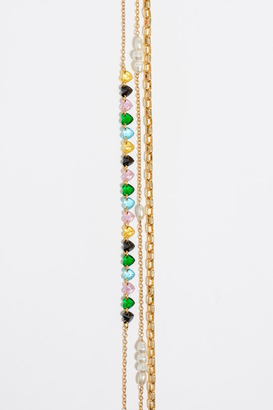 Gold-tone triple-layer chain heart crystals necklace