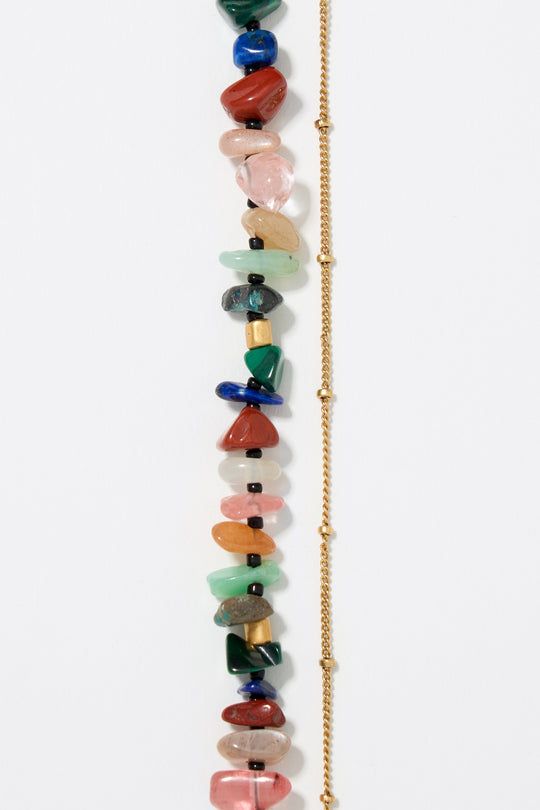 Matte gold-tone double-layer chain and multicolor stones bracelet