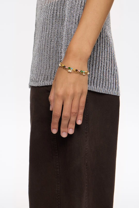 Gold-tone triple-layer chain heart crystals bracelet