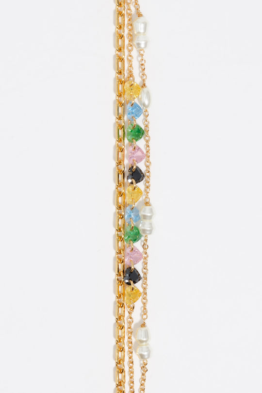 Gold-tone triple-layer chain heart crystals bracelet