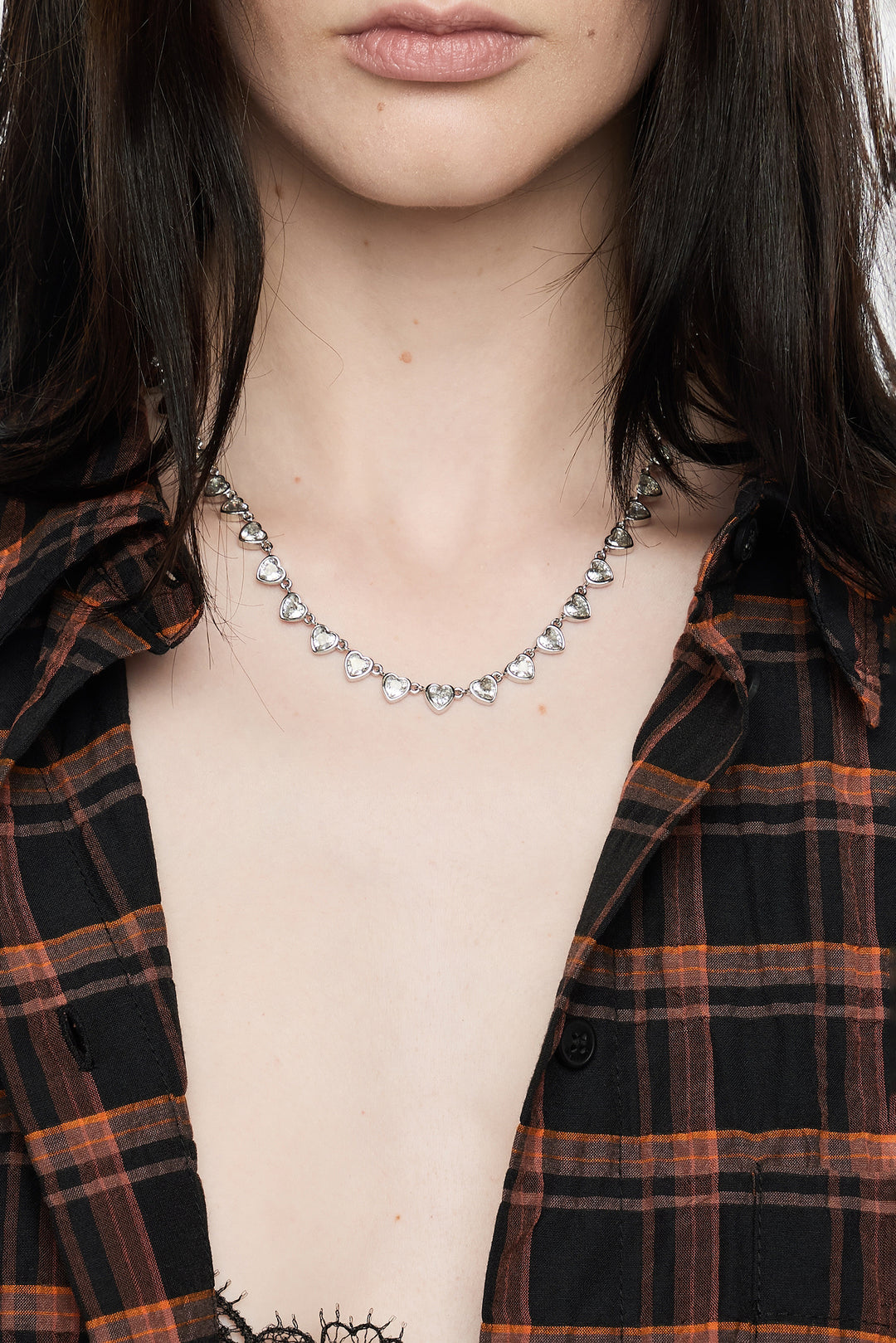 Silver hearts and crystals necklace