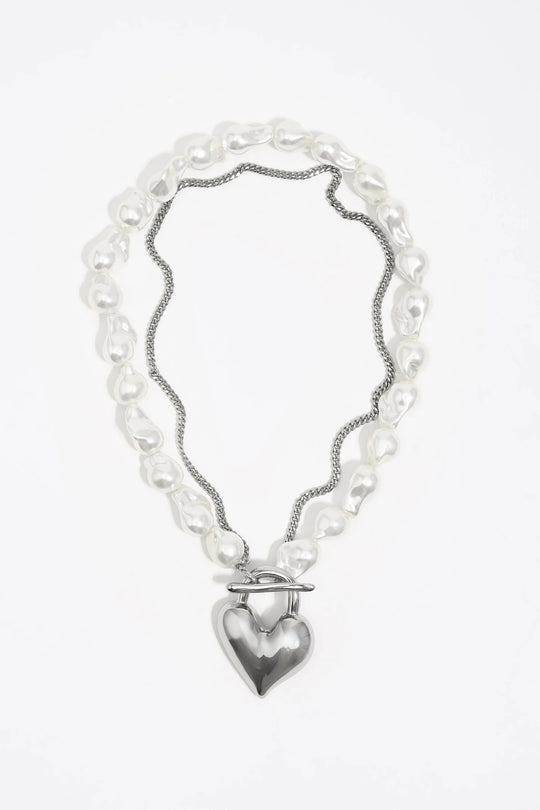Silver padlock heart pearl necklace