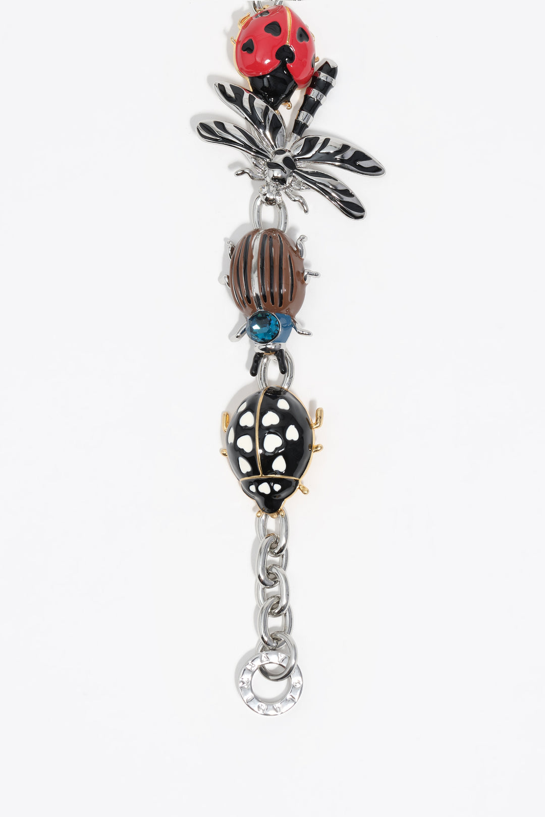 Silver chain and pearl necklace with beetle and dragonfly
