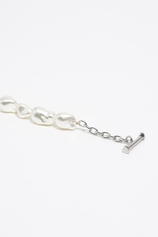 Silver chain and pearl necklace with beetle and dragonfly