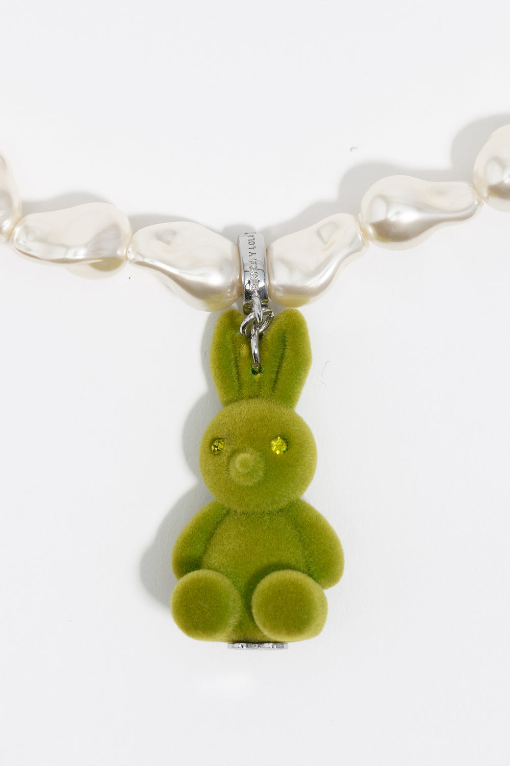 Pearl necklace green flocked rabbit charm