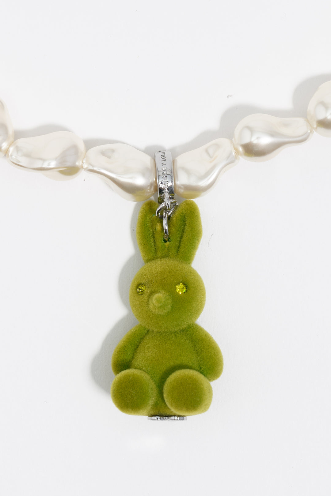 Pearl necklace green flocked rabbit charm