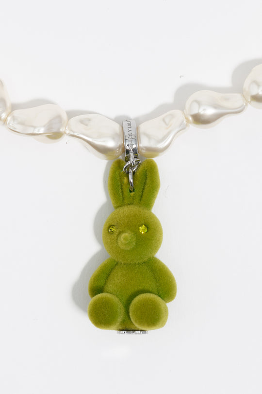 Pearl necklace green flocked rabbit charm